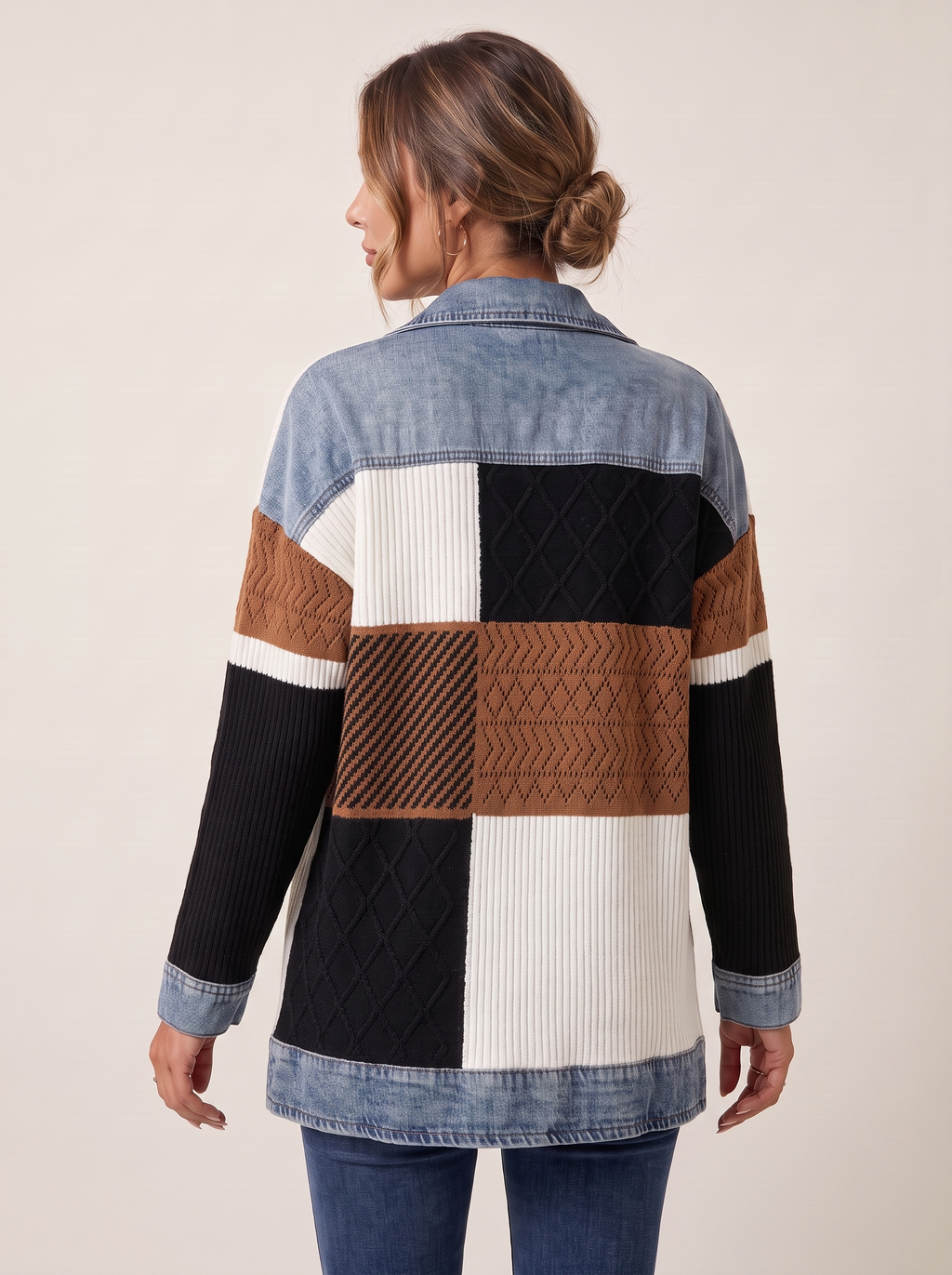 Dames Ribgebreide Blazer met Denim Details