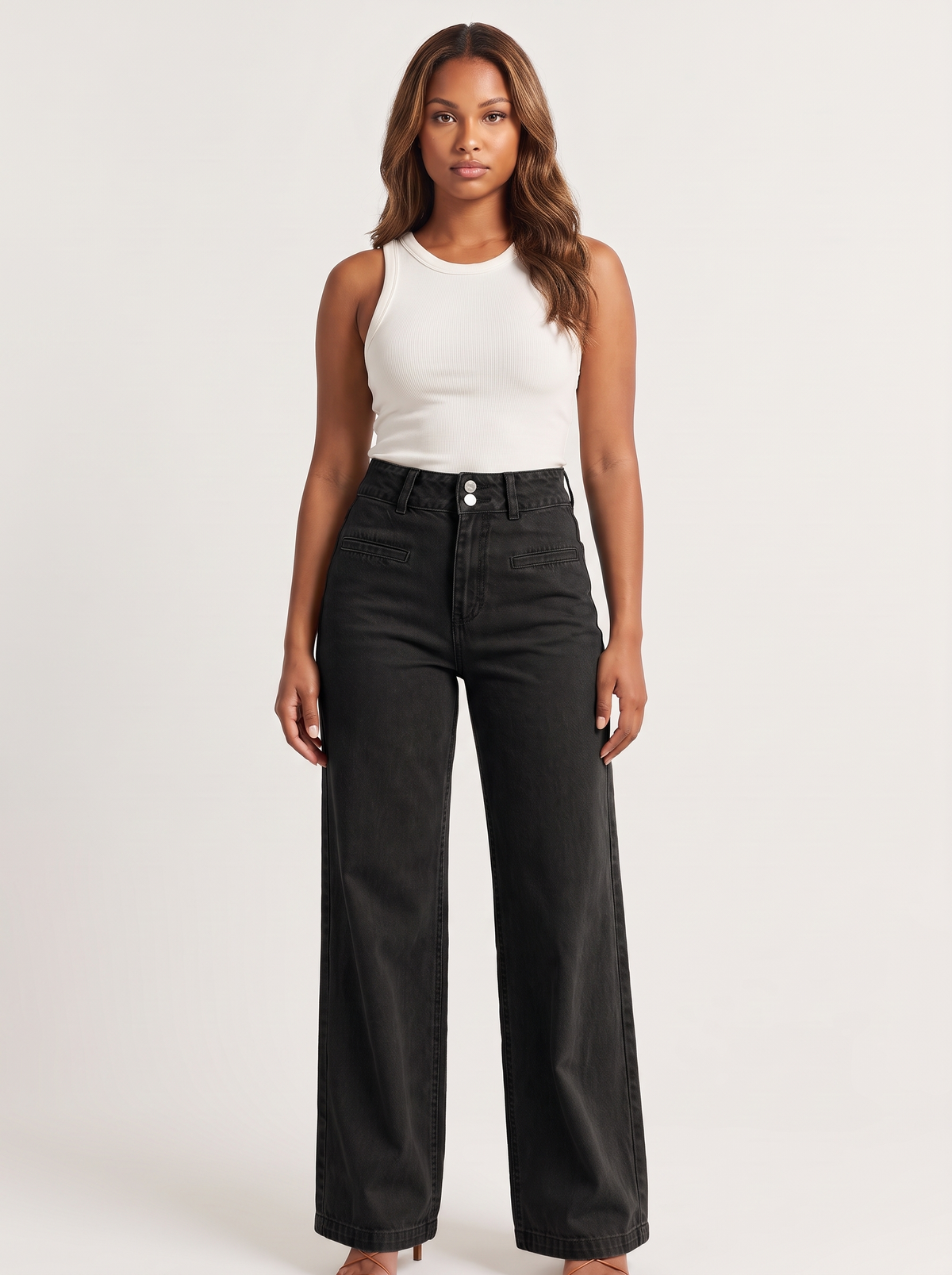 Dames High-Waist Jeans met Wijde Pijpen en Dubbele Knoopsluiting