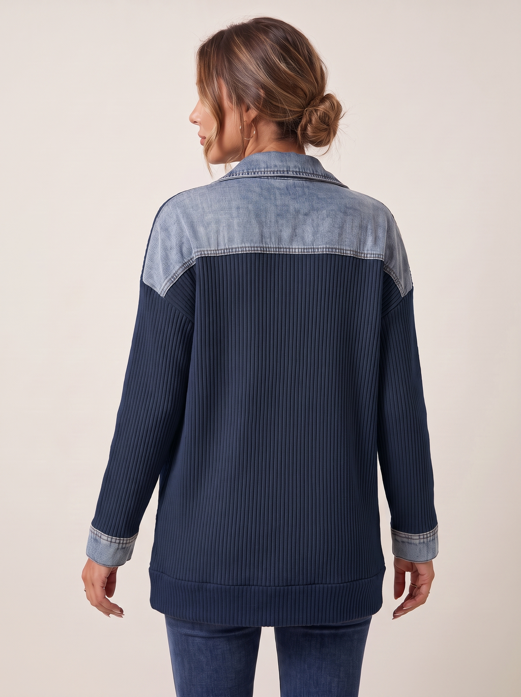Dames Ribgebreide Blazer met Denim Details