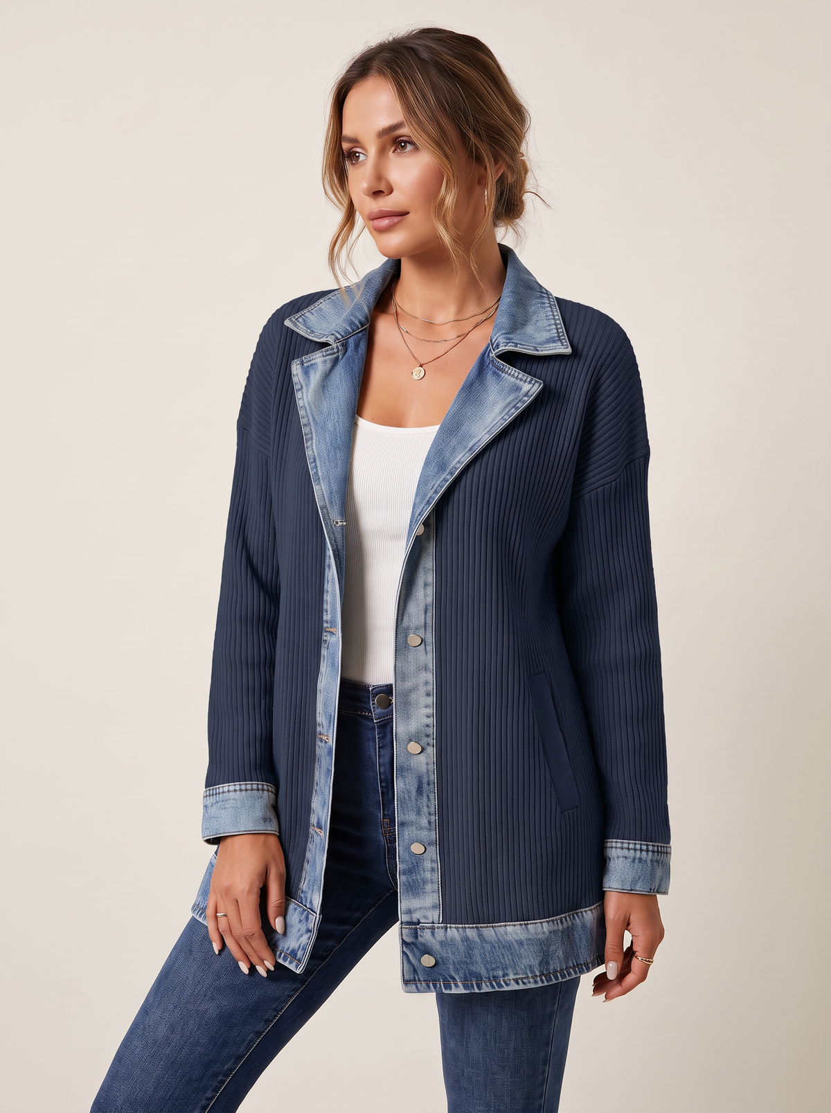 Dames Ribgebreide Blazer met Denim Details