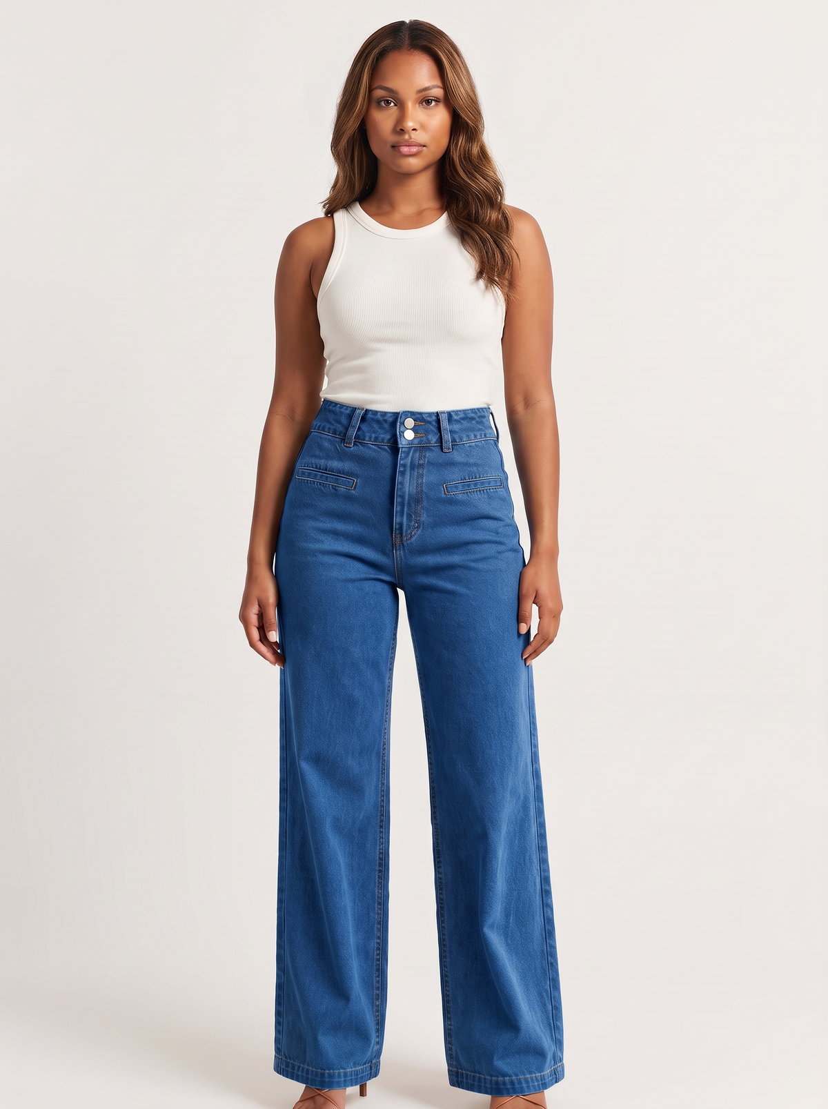 Dames High-Waist Jeans met Wijde Pijpen en Dubbele Knoopsluiting