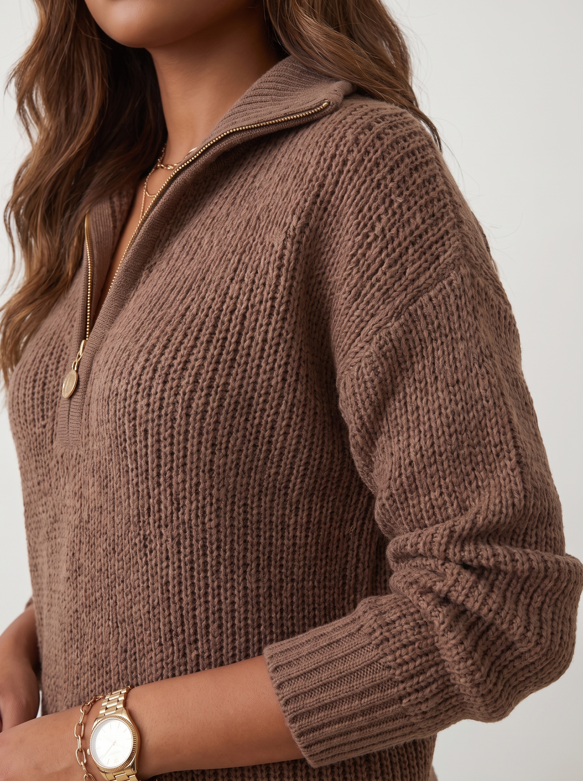 Dames Gebreide Half-Zip Trui met Hoge Kraag