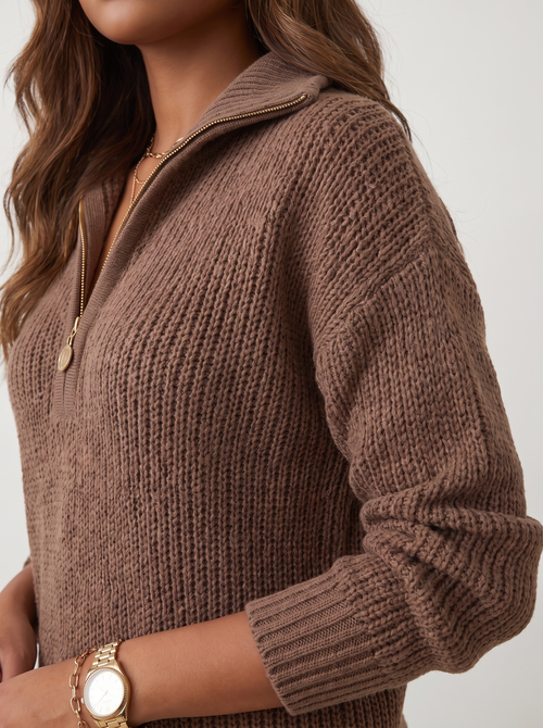 Dames Gebreide Half-Zip Trui met Hoge Kraag
