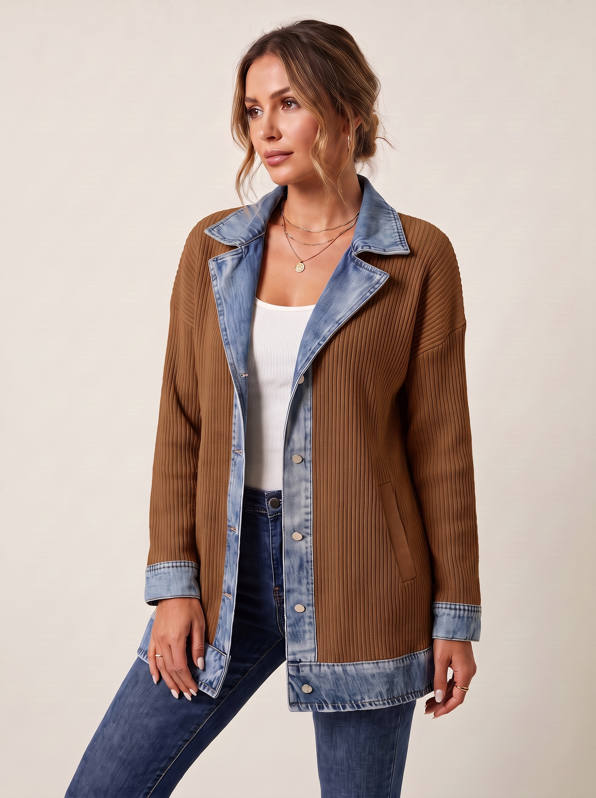 Dames Ribgebreide Blazer met Denim Details