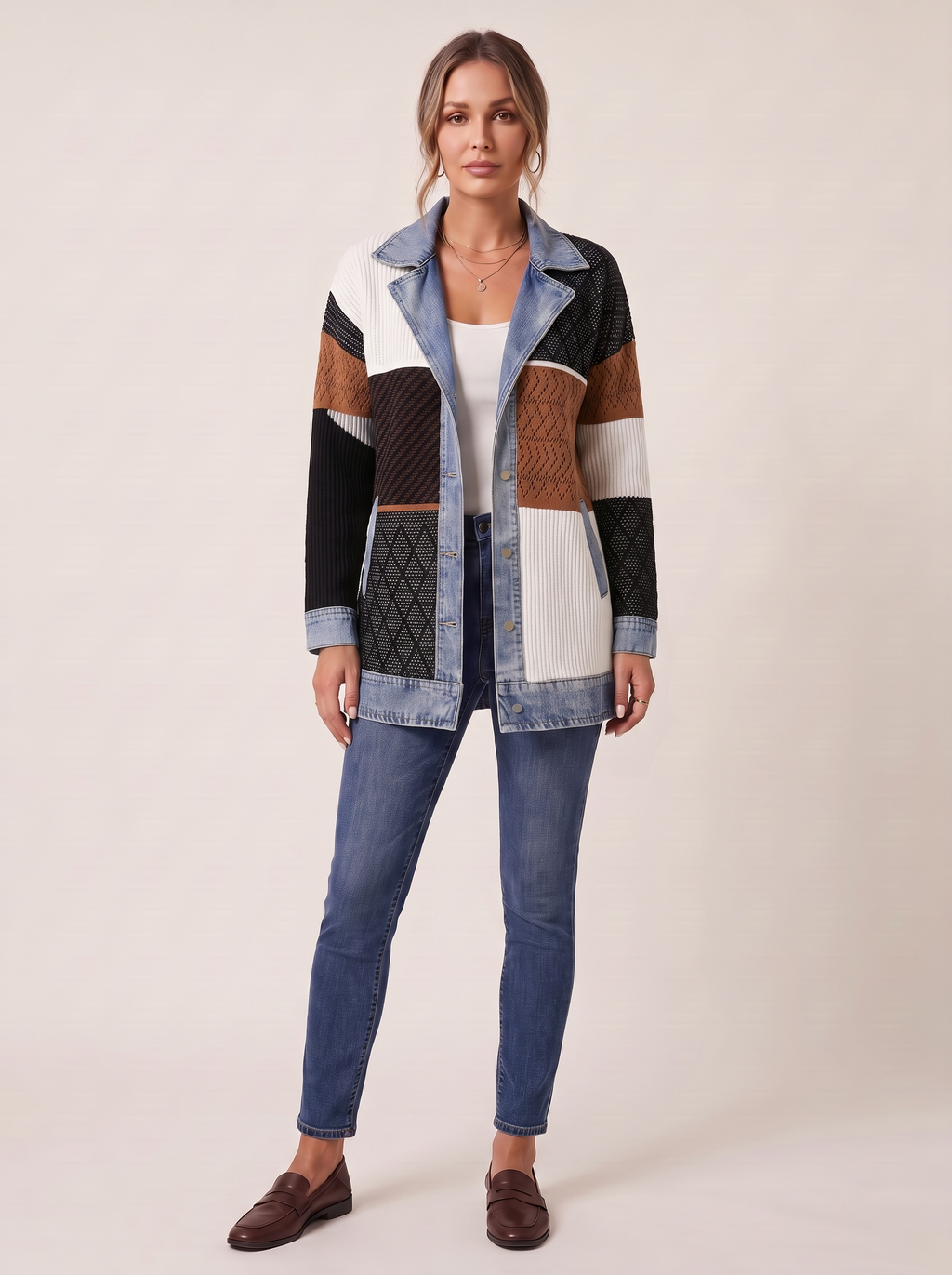 Dames Ribgebreide Blazer met Denim Details
