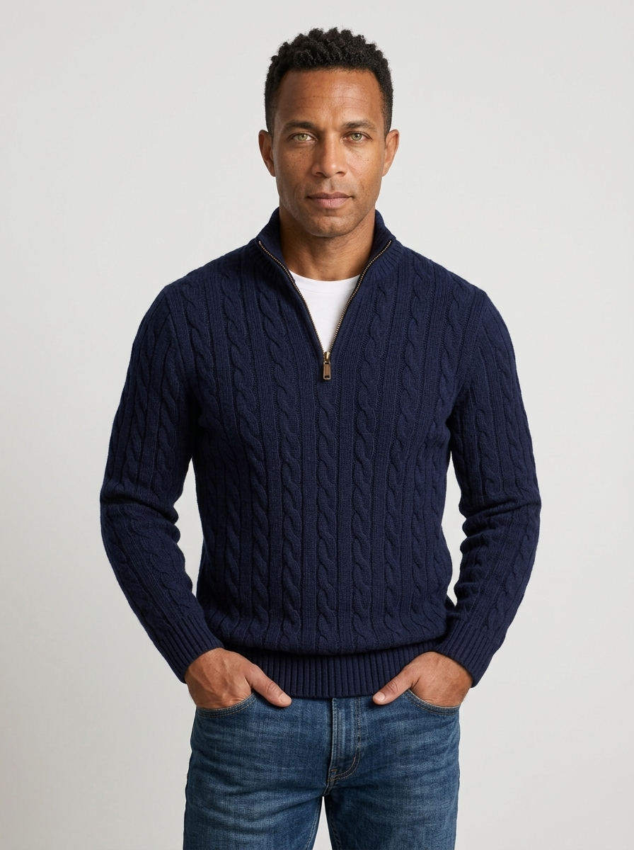 Kabelgebreide Half-Zip Trui Heren Hoge Kraag