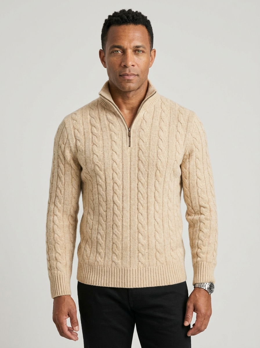 Kabelgebreide Half-Zip Trui Heren Hoge Kraag