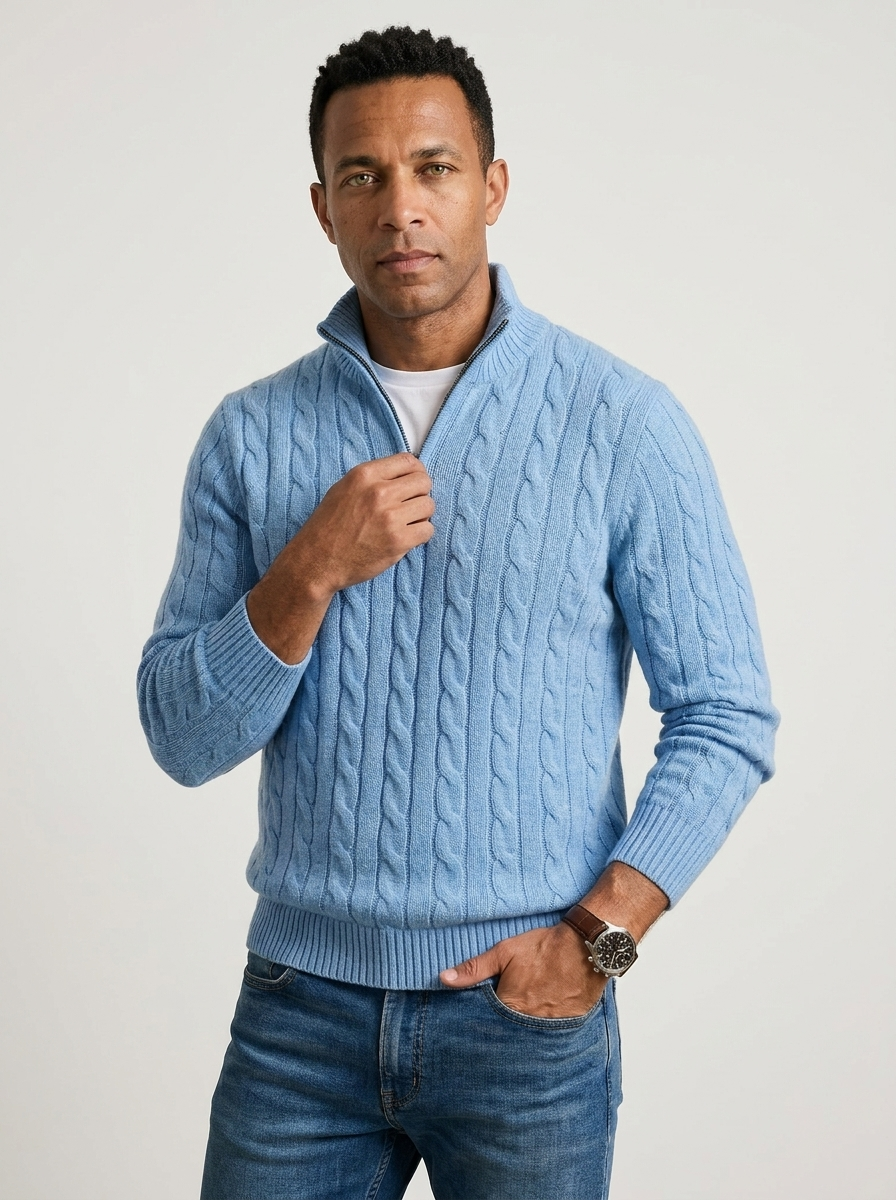 Kabelgebreide Half-Zip Trui Heren Hoge Kraag