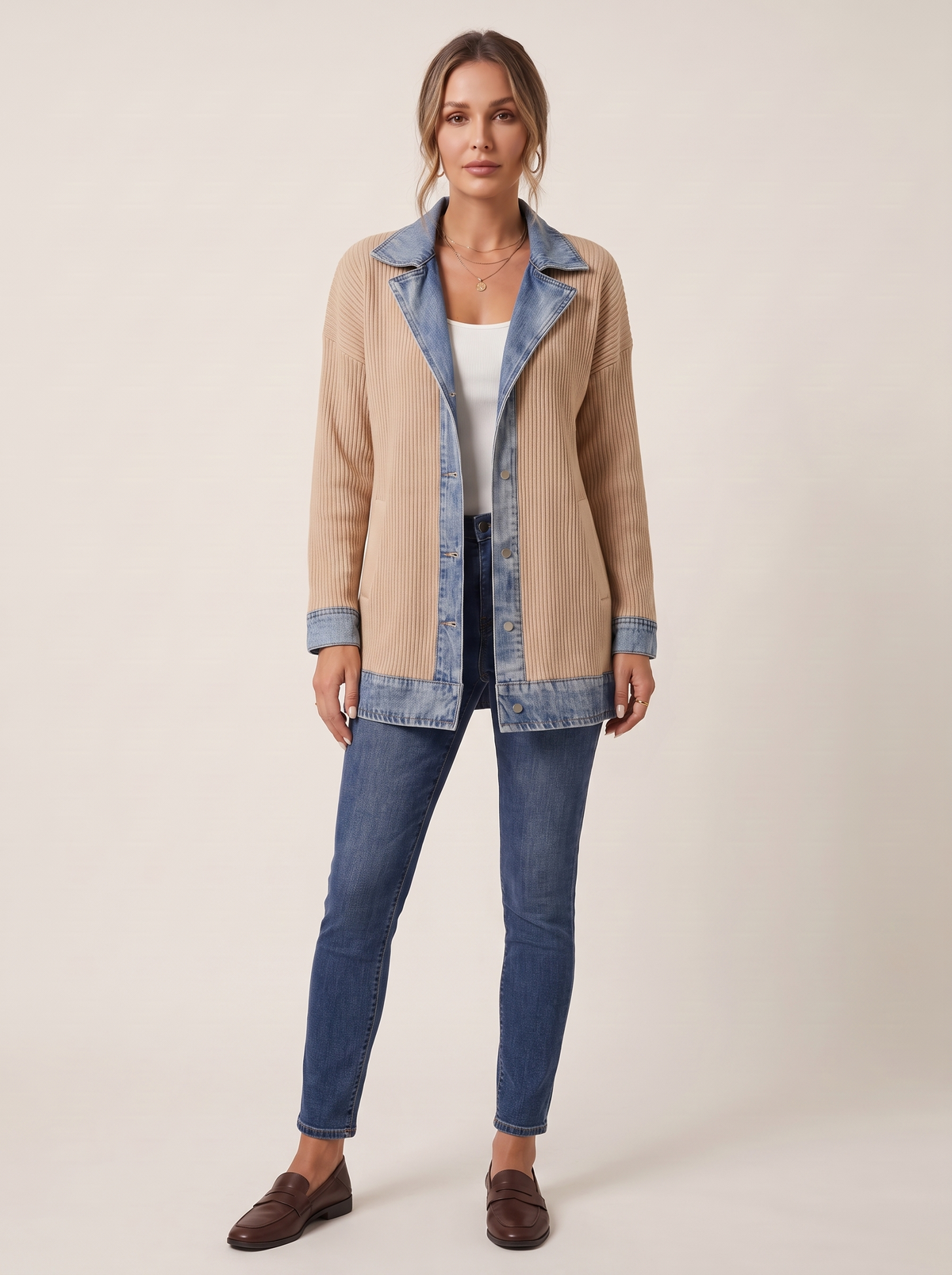 Dames Ribgebreide Blazer met Denim Details