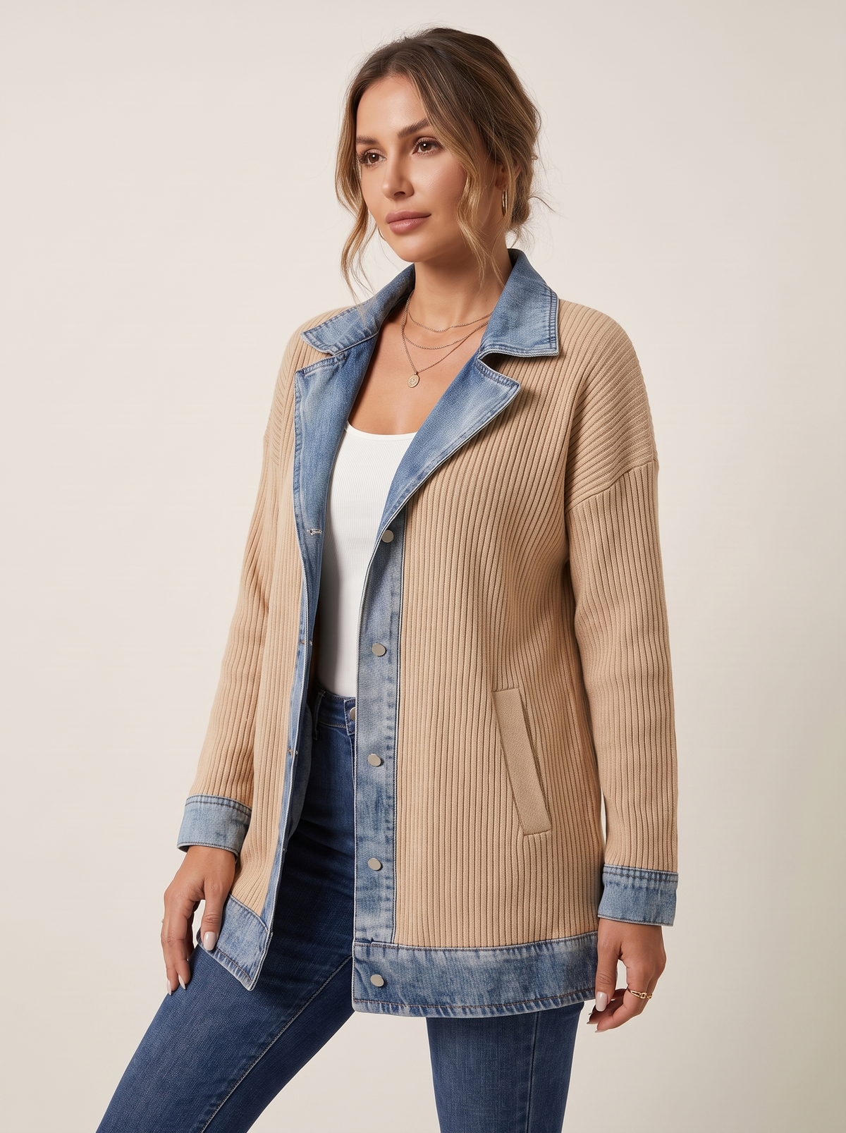 Dames Ribgebreide Blazer met Denim Details