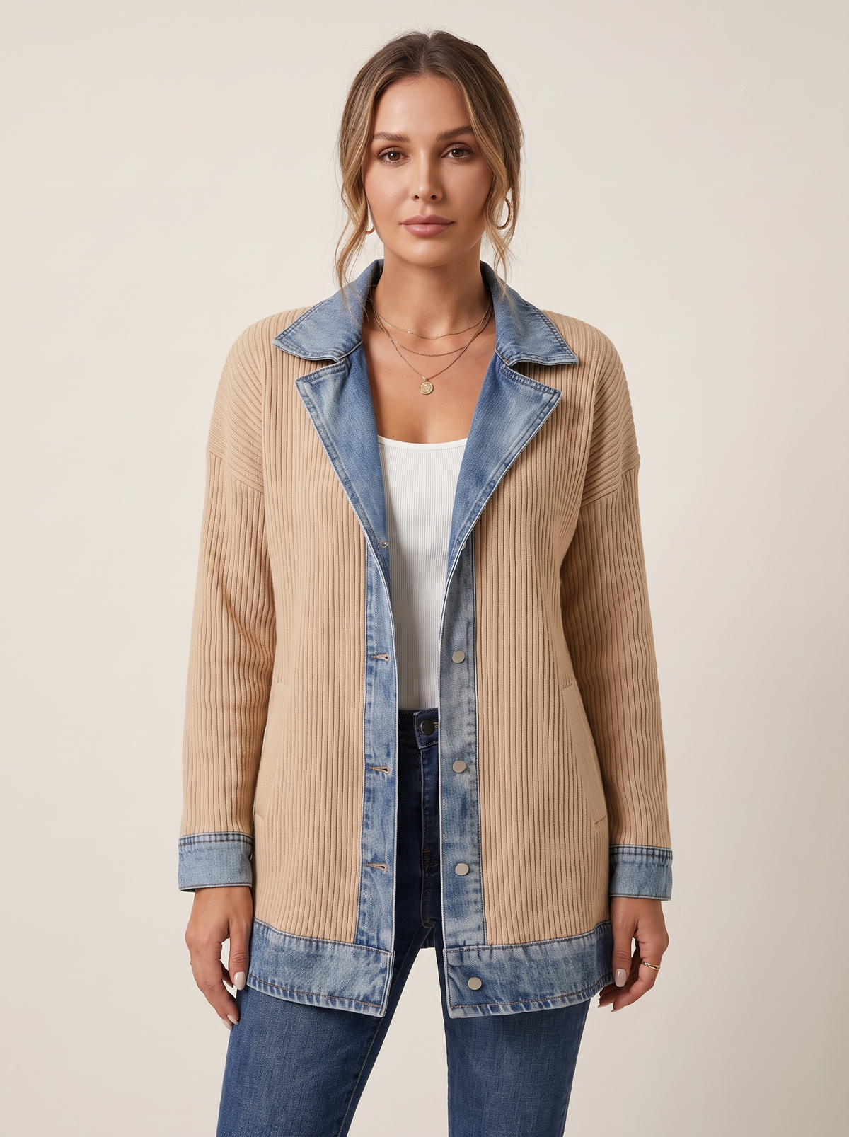 Dames Ribgebreide Blazer met Denim Details