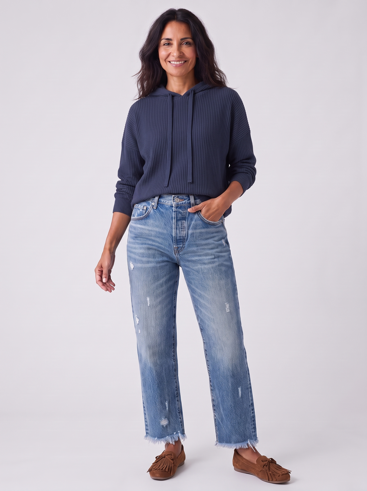 Dames Straight Leg Jeans met Rafeldetail