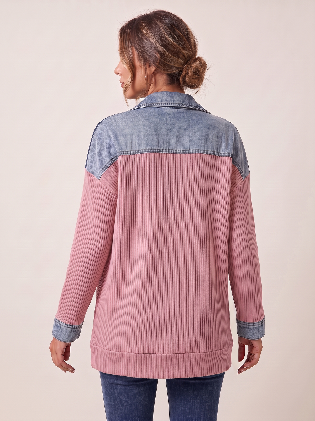 Dames Ribgebreide Blazer met Denim Details