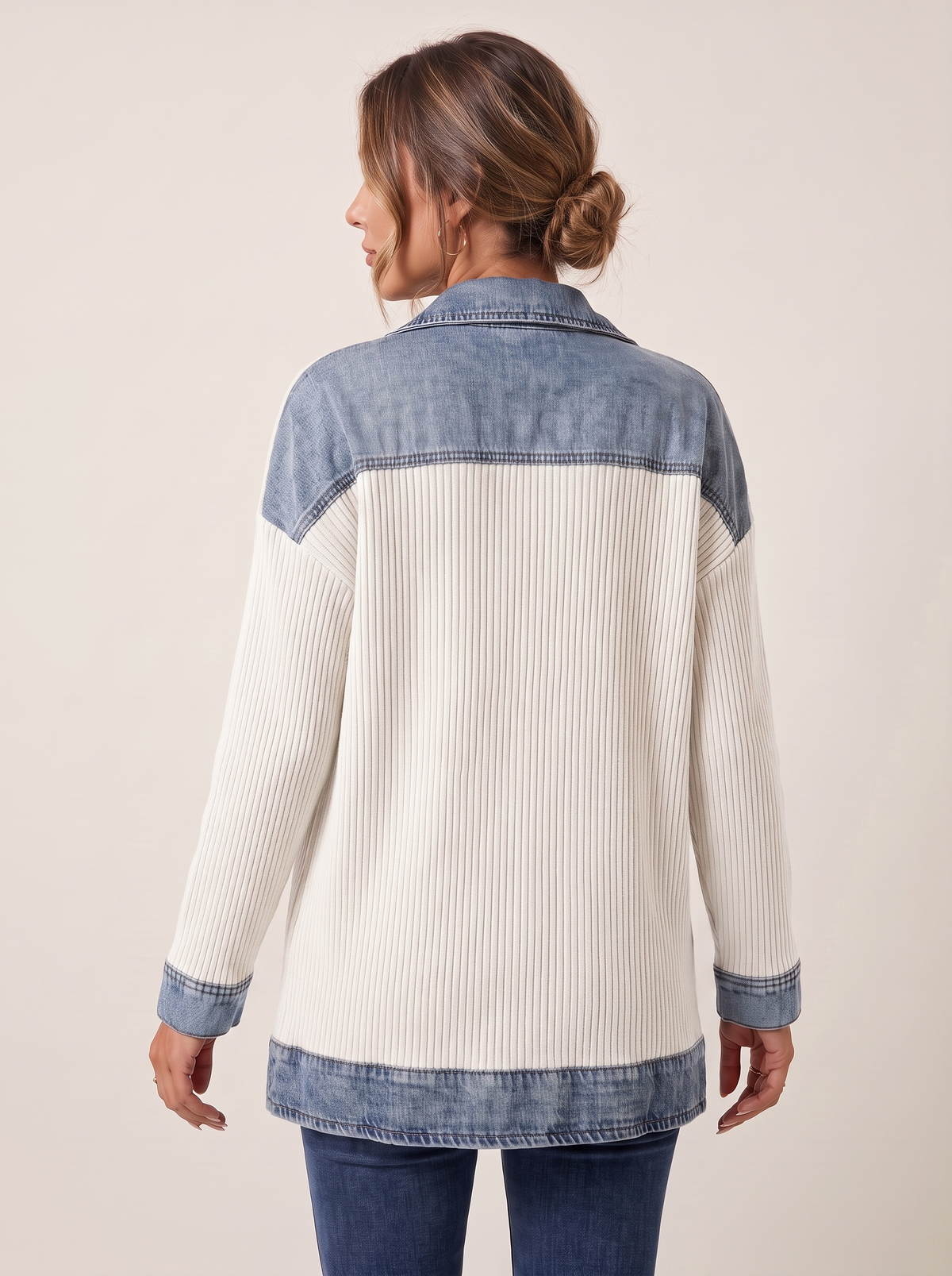 Dames Ribgebreide Blazer met Denim Details
