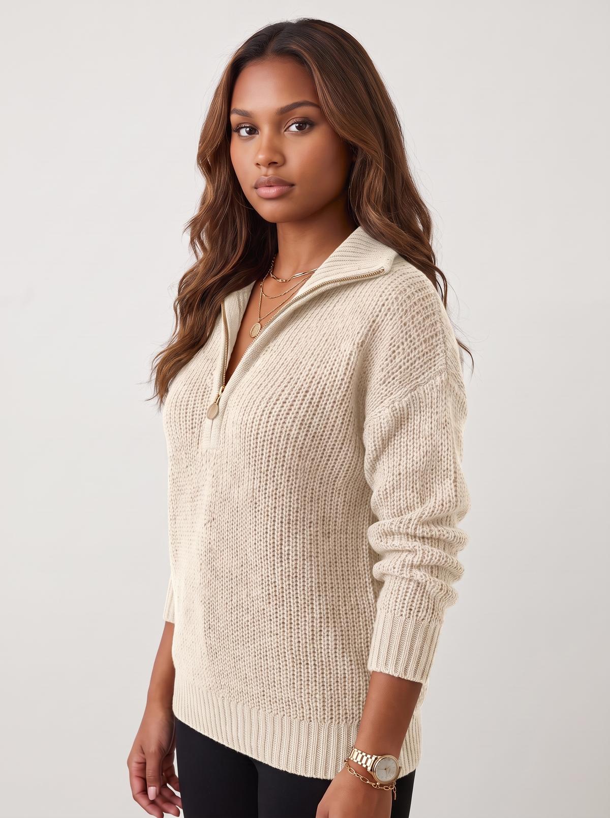 Dames Gebreide Half-Zip Trui met Hoge Kraag