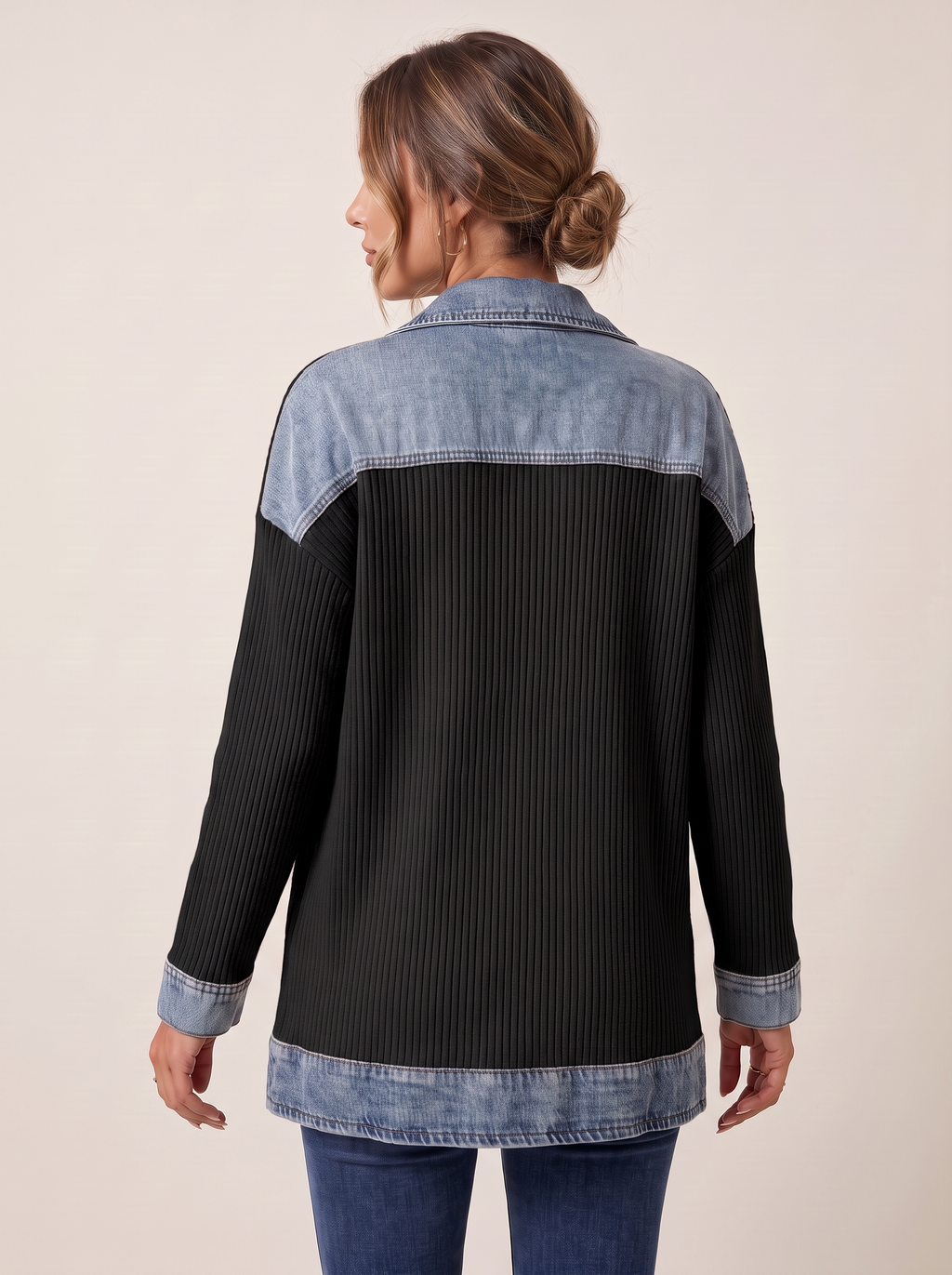 Dames Ribgebreide Blazer met Denim Details