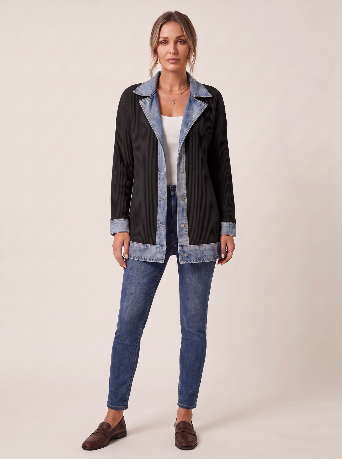 Dames Ribgebreide Blazer met Denim Details