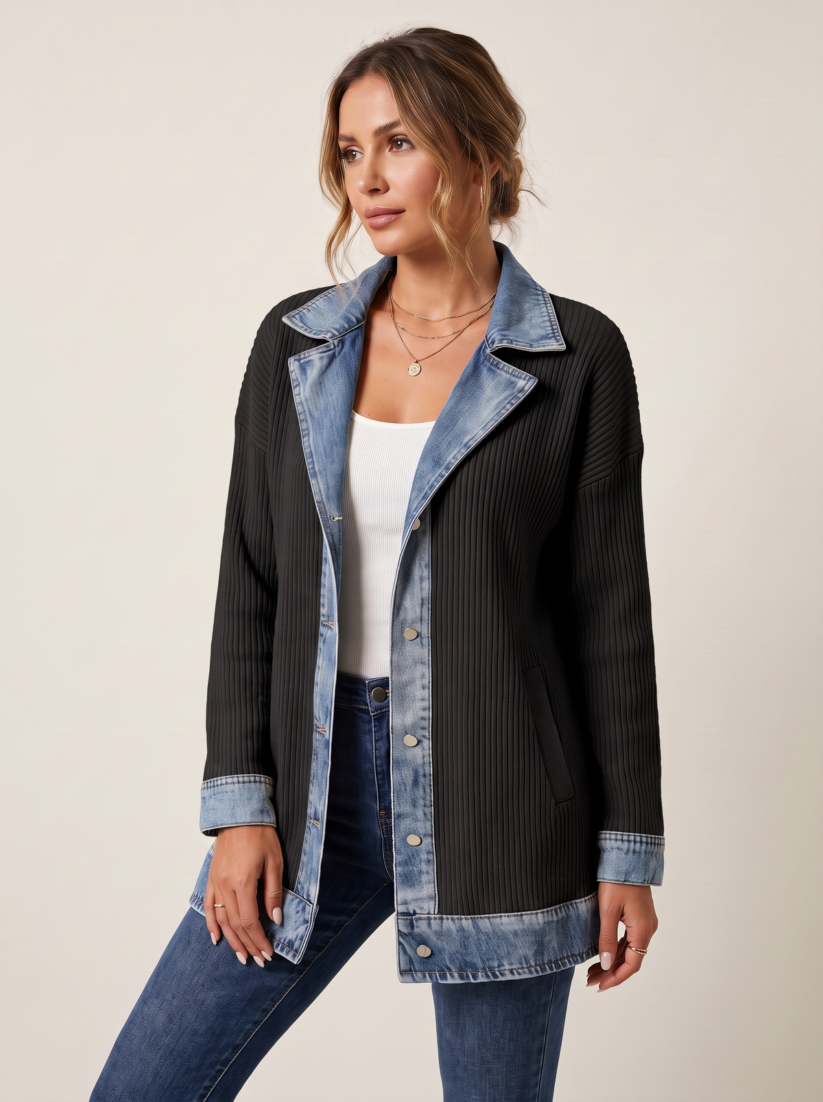 Dames Ribgebreide Blazer met Denim Details